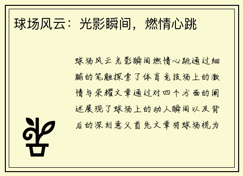 球场风云：光影瞬间，燃情心跳