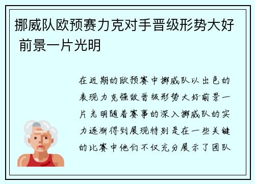挪威队欧预赛力克对手晋级形势大好 前景一片光明